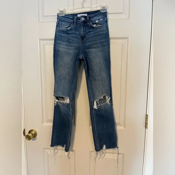 Flying Monkey Holly High Rise Slim Straight Blue Distressed Jeans Size 25 - Picture 3 of 11